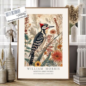Woodpecker Art print, William Morris Style Bird poster, Large Vintage wall art, Wildlife nature lover Illustration, Floral Bird Lover