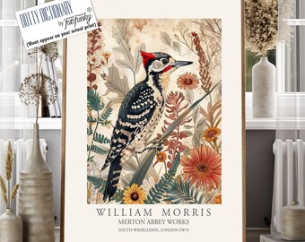 Woodpecker Art Print, William Morris Style, Floral Bird Illustration