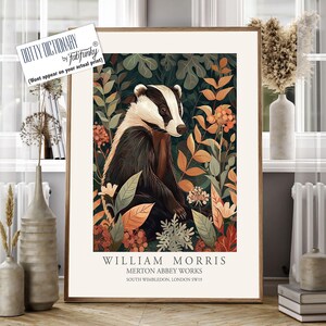 William Morris style print, William Morris poster, Badger Illustration, Vintage style Botanical poster, Woodland William Morris wall art
