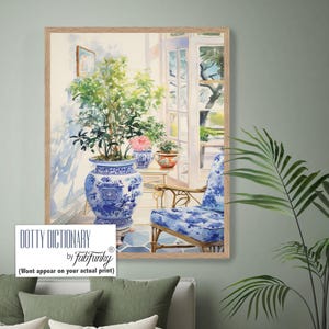 Blue and White Chinoiserie Decor, garden room print, , Preppy hamptons style conservatory, calming bedroom living room art