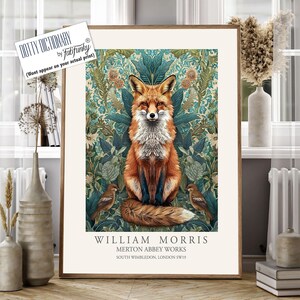 Fox Illustration, William Morris style print, William Morris poster, Vintage style Botanical poster, Woodland William Morris wall art animal