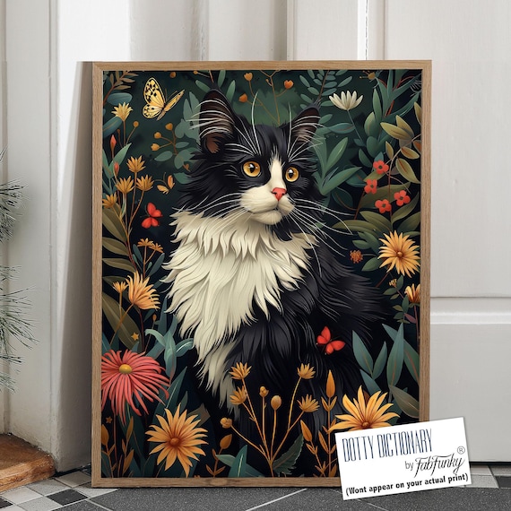 【SALE】ANIMALLS 猫系アートポスター（超大型A1サイズ）約84cm Black White Long Hair Tuxedo Cat Print, William Morris Style Cat