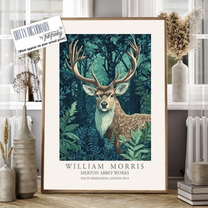 William Morris style Deer print, William Morris Stag poster, Woodland Illustration, Vintage style Botanical, large wall art forest animal