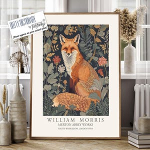 Stampa in stile William Morris, poster di William Morris, illustrazione di volpe, poster botanico in stile vintage, arte murale di William Morris nei boschi con animali