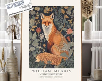 Afdruk in William Morris-stijl, William Morris-poster, Fox Illustration, Botanische poster in vintage-stijl, Woodland William Morris-muurkunst dier