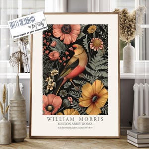 William Morris style bird print, Goldfinch Large Vintage Botanical wall art, Wildlife nature Illustration, Garden Birds Floral Art poster
