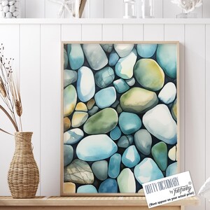 Colourful Beach Pebbles, Watercolor Beach Painting, Abstract Coastal Art Framed, Beach Landscape, Seaside Nautical Decor, Coastal Wall Art