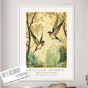 William Morris style bird print, Barn Swallow Illustration, William Morris poster, Large Vintage style wall art, Wildlife nature lover decor