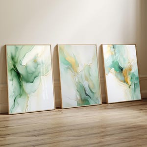 Modern Abstract Coastal Print, Set of 3 Green gold Coastal artwork, Coastal Art Framed, Seaside Canvas, Nautical Decor Wall Art Painting