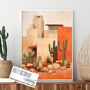 Erdtöne Kunstdruck, Mid Century Modern, Santa Fe Adobe Haus, Wüstenkaktus Gemälde, Terrakotta Boho Wanddekoration