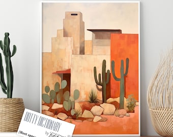 Earth Tones Art Print, Mid-Century Modern Adobe House, Desert Cactus