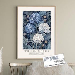 William Morris Style Floral print, Blue Hydrangea Flower poster, Large vintage wall art, nature Illustration, Art Nouveau Home Deco