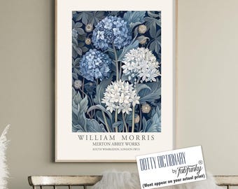 William Morris Style Floral Print, Blue Hydrangea Art Nouveau Poster