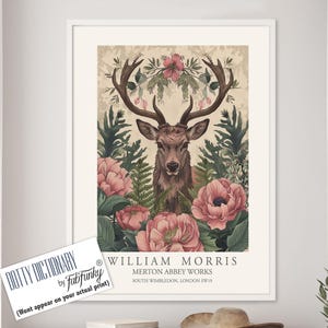 William Morris style Deer print, William Morris Stag poster, Woodland Illustration, Vintage style Botanical, large wall art forest animal