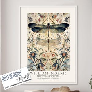 Dragonfly Print, William Morris style Illustration, Floral poster, Vintage style Botanical, dragonflies insect wall art gifts