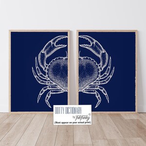 Modern Coastal Home Crab Art Prints, Set of 2 Navy Blue White minimalist Wall Art, Maryland Crab Print, Blue Crab Decor, Bathroom wall art