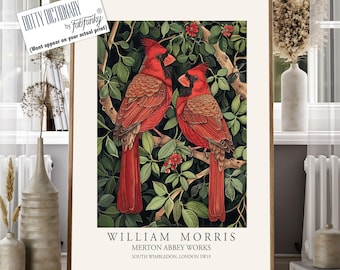 Red Cardinal Art Print, William Morris Style Bird Poster, Large