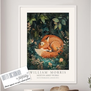 Stampa in stile William Morris, poster di William Morris, illustrazione di una volpe addormentata, poster botanico in stile vintage, arte murale con animali del bosco
