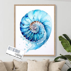 Blue Seashell Watercolour Print, Modern Coastal Home Art Print, minimalist Wall Art, Nautical Bathroom, beach house decor