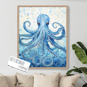 Blue Octopus Print, Octopus Art Poster, Octopus Home Decor, Nautical Canvas Prints, Ocean Animals Painting, nautical bathroom decor
