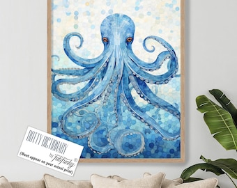 Impresión de pulpo azul, póster artístico de pulpo, decoración del hogar con pulpo, impresiones en lienzo náutico, pintura de animales del océano, decoración de baño náutico