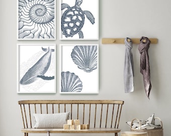 Láminas de arte de animales marinos en color índigo, conjunto de decoración náutica costera.