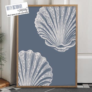 Modern Coastal Home Art Print, Indigo Blue White Scallop Seashell minimalist Wall Art, Nautical Bathroom, beach house decor, Under Water