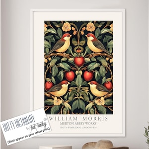 William Morris Style Floral print, Birds in Apple Tree poster, Large vintage wall art, nature Illustration, Botanical home decor
