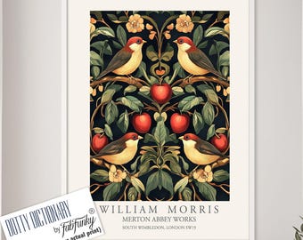 William Morris Style Floral Print, Birds and Apple Tree, Vintage Botanical Wall Art