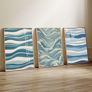 Modern Abstract Coastal Wave Prints, Set of 3 Blue Cream Coastal artworks, Coastal Art Framed, Seaside Canvas, Nautical Wall Art Painting