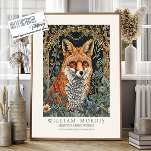 William Morris style print, William Morris poster, Fox Illustration, Vintage style Botanical poster, Woodland William Morris wall art animal