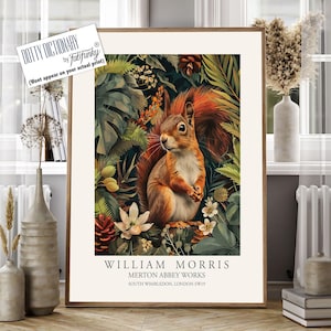 William Morris Style Red Squirrel Botanical Print, Vintage Woodland Wall Art