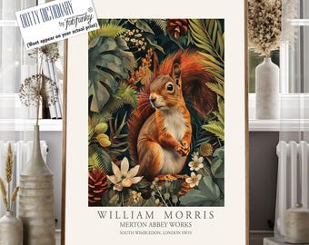 William Morris Style Red Squirrel Botanical Print, Vintage Woodland Wall Art