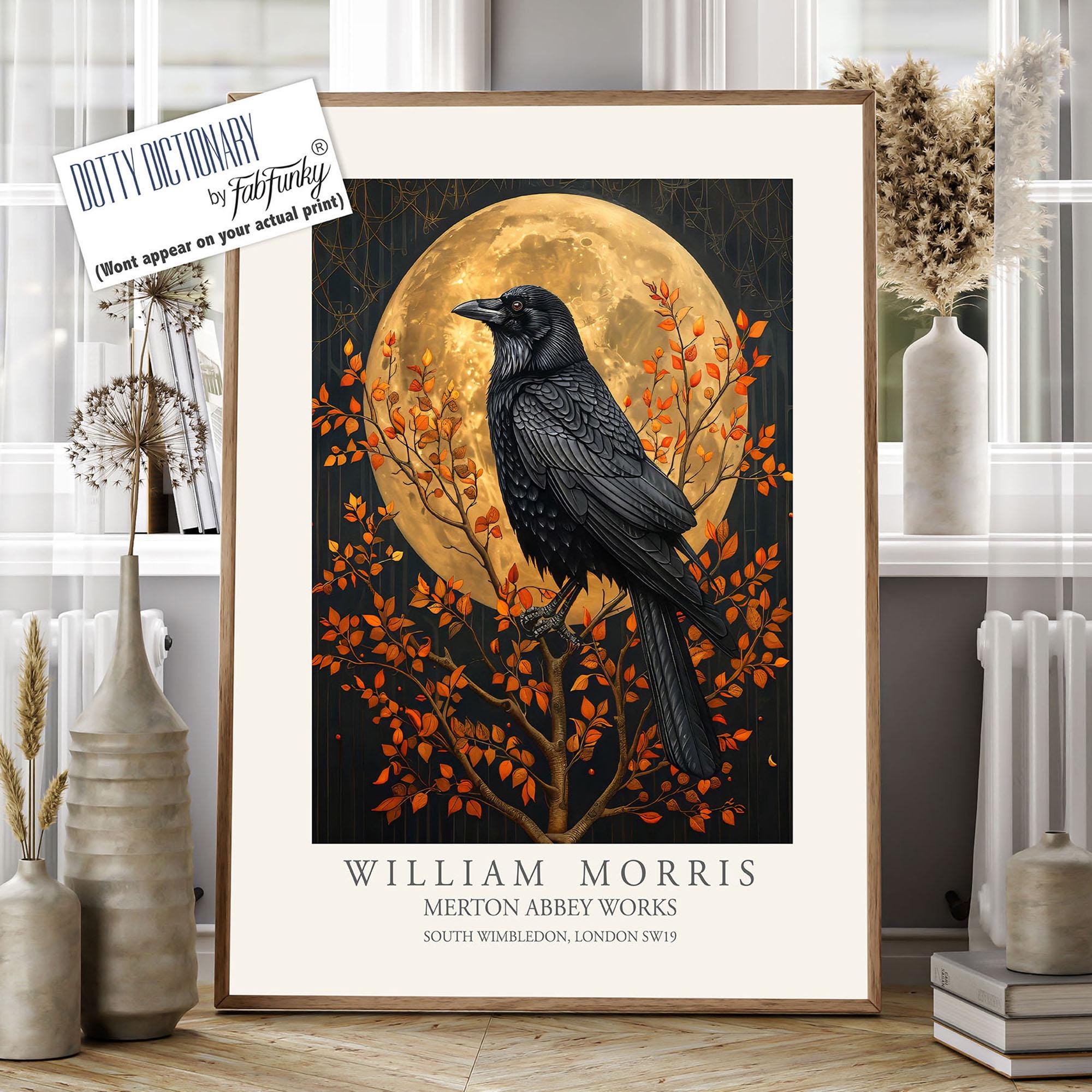 William Morris Style Bird Print, Crow and Moon Illustration