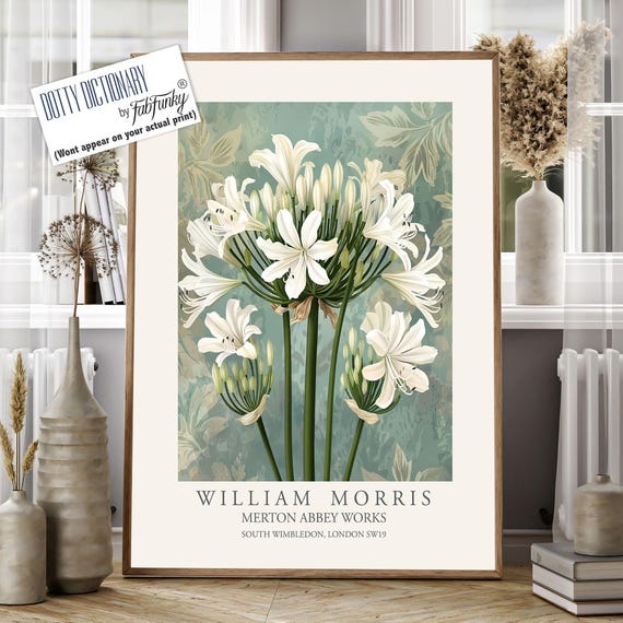 William Morris Style Floral Print, White Agapanthus Flower Poster