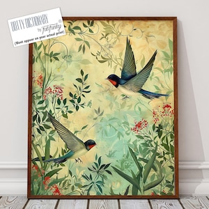 Barn Swallow Art Print , William Morris style bird print, , Large Vintage style wall art poster, Wildlife nature lover decor