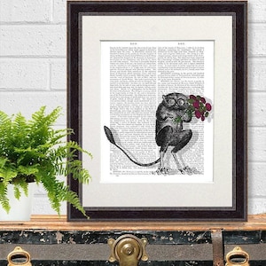 Monkey tarsier red roses print, Valentines gift, Creepy wall art, Funny animal art, Boyfriend gift, Romantic gift idea - Freaky Flowers