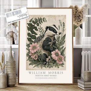 William Morris style print, William Morris poster, Badger Illustration, Vintage style Botanical poster, Woodland William Morris wall art