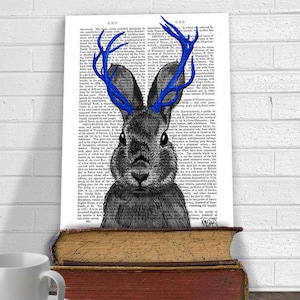 Mythical jackalope print, Jackrabbit art, Antler art, Bunny rabbit print Art for Kids Room Woodland animal art - Jackalope with Blue Antlers