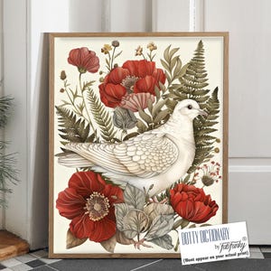 William Morris style bird print, White Dove Large Vintage Botanical wall art, Wildlife nature Illustration, Garden Birds Floral Art poster