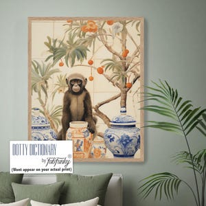 Cute Monkey and Ginger Jar Art Print, Blue and White Chinoiserie Art, Preppy hampton style, Peach Tree Bedroom Topiary Print