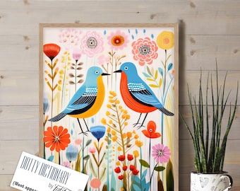 Moderne Folk Art Vogel Druck, Bunten Skandi-Stil