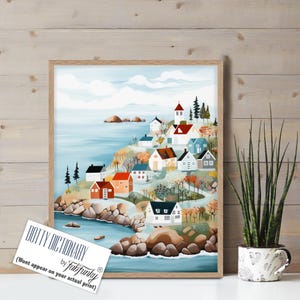 Scandinavian Coastal Village Art Print, Nordic Coastal Art Print, modern beach house Scandi Seaside art, Coastal Cottage decor, Retro Style
