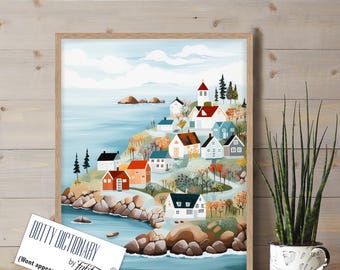 Scandinavian Coastal Village Art Print, Nordic Coastal Art Print, modern beach house Scandi Seaside art, Coastal Cottage decor, Retro Style