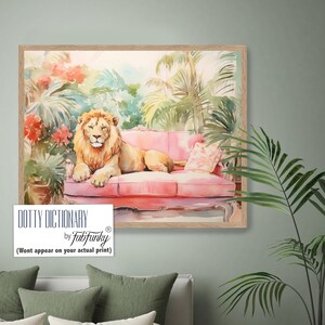Lion On Pink Sofa Art Print, , Preppy style Chic Chinoiserie Decor, hamptons style Boho Living Room Tropical wall art