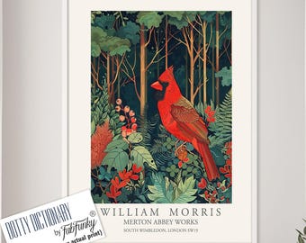 Red Cardinal Art Print, William Morris Style, Bird Illustration