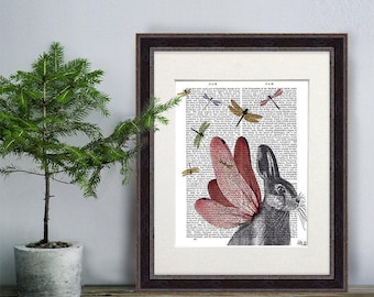 Dragonfly Hare - Hare illustration rabbit print rabbit angel rabbit nursery decor nursery art valentines gift for her Whimsical Animal art