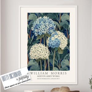 William Morris Style Floral print, Blue White Hydrangea Flower poster, Large vintage wall art, nature Illustration, Art Nouveau Home Deco