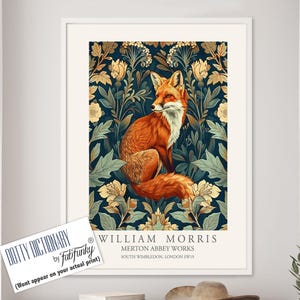 William Morris style print, William Morris poster, Fox Illustration, Vintage style Botanical poster, Woodland William Morris wall art animal