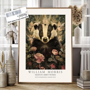 William Morris style print, William Morris poster, Badger Illustration, Vintage style Botanical poster, Woodland William Morris wall art